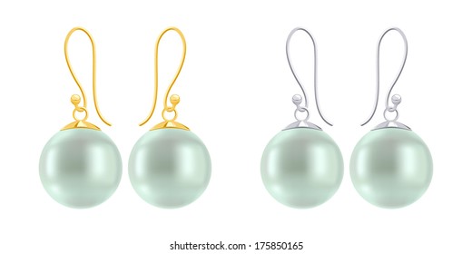 Set of earrings with round green pearls. Golden and silver hook earring findings.