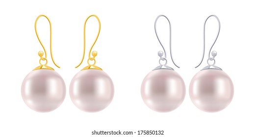 Set Of Earrings With Round Pink Pearls. Golden And Silver Hook Earring Findings.