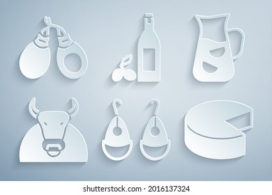 Set Earrings, Sangria, Bull, Cheese, Bottle of olive oil and Castanets icon. Vector