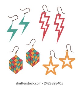 A set of earrings in the style of the 90s. Vector illustration on a white background.