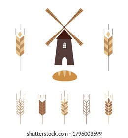 Set of ears of wheat on a white background for the decoration of bakery products. Vector illustration.