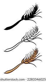 Set of ears of wheat in three different versions: black silhouette, outlines for coloring and cartoon style.