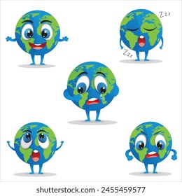 Set of earth character with different emotions in different poses. Vector image on the theme of World Environment Day. Earth Day