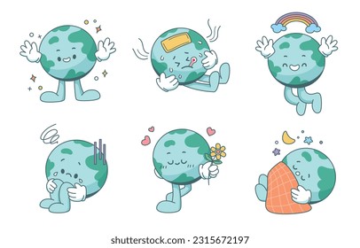 Set of earth characters in trendy cartoon style. Planet mascot with hands and legs. Globe in various poses and emotions. Flat cartoon style vector illustration isolated on white background.