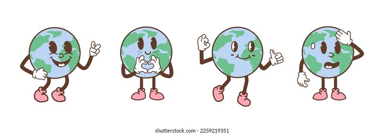 Set of earth characters in trendy retro cartoon style. Funny comic globe with different face expression. Vintage planet mascot with arms and legs. Vector illustration isolated on white background.