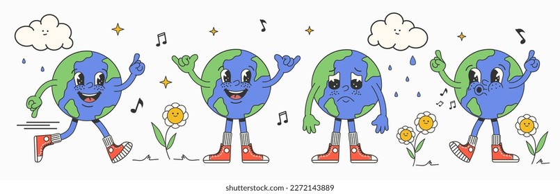 Set of earth characters in trendy retro cartoon style. funny globe with different face expressions.vintage mascot concept.earth day. world environment day. vector illustration