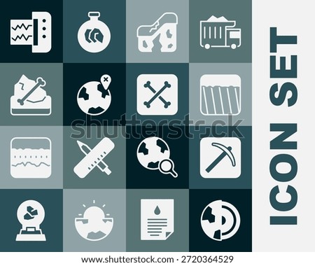 Set Earth core structure crust, Pickaxe, Ground, Geological fault, Location on the globe, Archeology, Seismograph and  icon. Vector