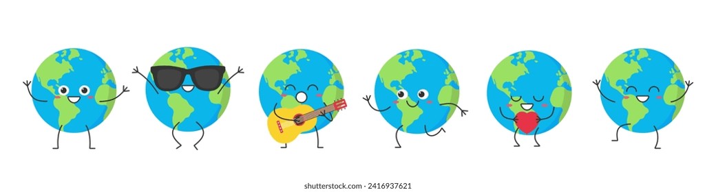 Set Earth cute character cartoon planet greet jump love run sing smile face happy joy emotions vector illustration.