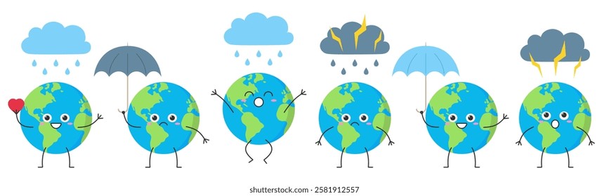 Set Earth cute character cartoon planet weather rain happy joy jump love smile umbrella thunderstorm sad face emotion vector illustration.