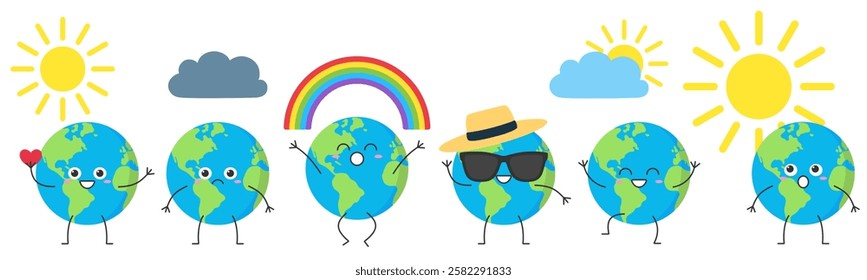 Set Earth cute character cartoon planet weather sun rainbow happy joy jump love smile sad face emotion vector illustration.