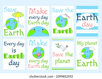 Juego de banderas, etiquetas, volantes, pegatinas, carteles con un planeta lindo al estilo kawaii e inscripciones. Tarjeta de plantilla vectorial para saludos, decoración, felicitación, invitación. EPS8
