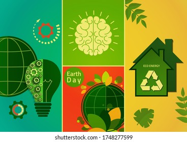 Juego de banderas del Día de la Tierra, salven la Tierra. Mundo verde, ahorro de energía, medio ambiente y concepto de ecología. Ilustración vectorial.