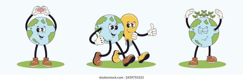 Set of Earth day cartoon mascot characters. Y2k groovy Earth planet walking, saving energy, green planet. Environment protection, ecology concept, love our planet. Vector illustration.