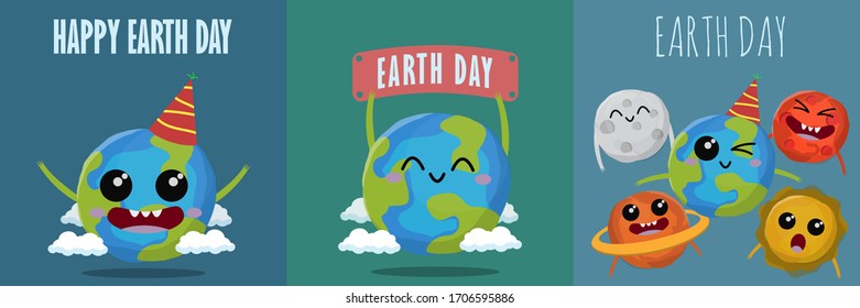 set of Earth Day Cartoon Vector illustration. Happy Earth day Use for card, poster, banner, web design and greeting card. Cute planet with funny face.
