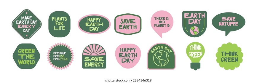 Conjunto de emblemas gráficos del Día de la Tierra. Salven las pegatinas del planeta. Iconos vectoriales divertidos con mensaje Eco friendly.