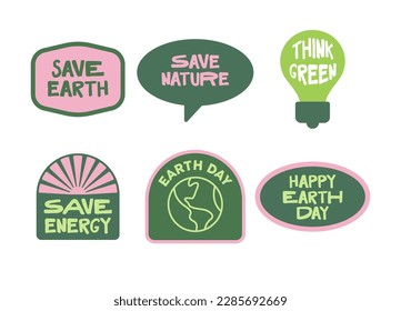 Conjunto de emblemas gráficos del Día de la Tierra. Salven las pegatinas del planeta. Iconos vectoriales divertidos con mensaje Eco friendly.