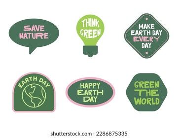 Conjunto de emblemas gráficos del Día de la Tierra. Salven las pegatinas del planeta. Iconos vectoriales divertidos con mensaje Eco friendly.