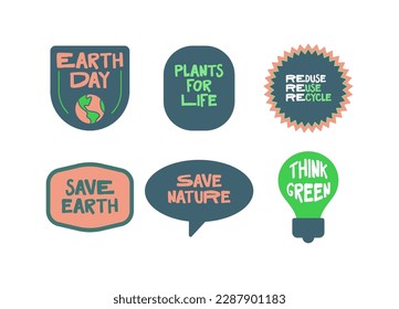 Set von Earth Day-grafischen Emblemen. Retten Sie die Planeten-Aufkleber. Spaß Vektorsymbole mit umweltfreundlicher Nachricht.