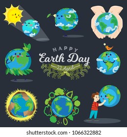 Set for Earth day, happy boy hugging planet, ecology concept of love the world, green and blue globe protection, global eco save nature vector illustration isolated on white background