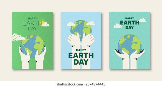 Set of Earth Day poster. Hands holding earth globe Flat Vector Illustration. Ecology and environmental protection concept.