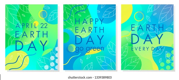 Set of Earth Day posters with bright gradient backgrounds,liquid shapes,tiny leaves and geometric elements.Earth Day layouts perfect for prints, flyers,covers,banners design and more.Eco concept.