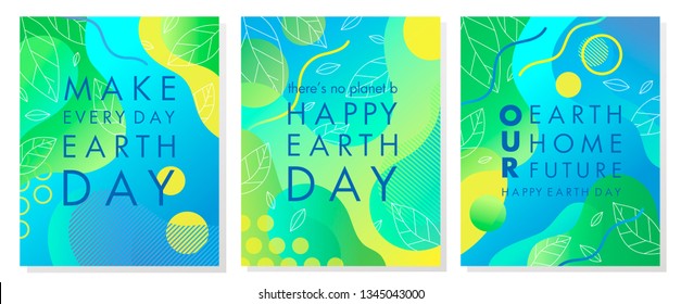 Set of Earth Day posters with bright gradient backgrounds,liquid shapes,tiny leaves and geometric elements.Earth Day layouts perfect for prints, flyers,covers,banners design and more.Eco concepts.