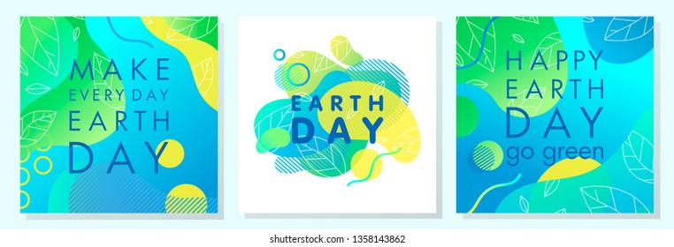 Set of Earth Day posters with bright gradient backgrounds,liquid shapes,tiny leaves and geometric elements.Earth Day layouts perfect for prints, flyers,covers,banners design and more.Eco concepts.