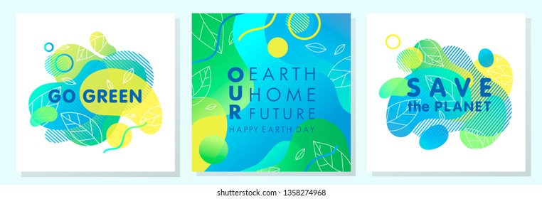 Set of Earth Day posters with bright gradient backgrounds,liquid shapes,tiny leaves and geometric elements.Earth Day layouts perfect for prints, flyers,covers,banners design and more.Eco concepts.