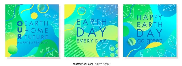 Set of Earth Day posters with bright gradient backgrounds,liquid shapes,tiny leaves and geometric elements.Earth Day layouts perfect for prints, flyers,covers,banners design and more.Eco concepts.