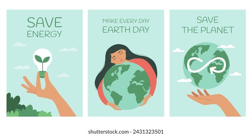 Conjunto de carteles del Día de la Tierra. Chica sosteniendo el globo de la Tierra, mano sosteniendo la lámpara de ahorro de energía y el globo de la Tierra. Ilustración de vector