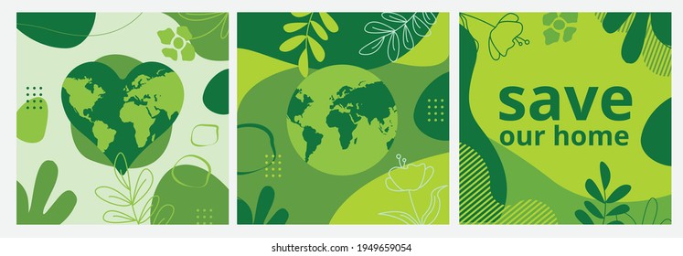 Set of Earth Day posters with green backgrounds, liquid shapes, leaves and elements. Layouts for prints, flyers, covers, banners design. Eco concepts.