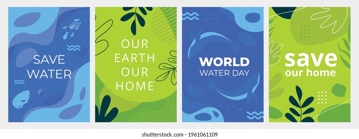 Set of Earth Day posters with green and blue backgrounds, liquid shapes, leaves and ocean elements. Layouts for prints, flyers, covers, banners design. Eco concepts. Vector illustration