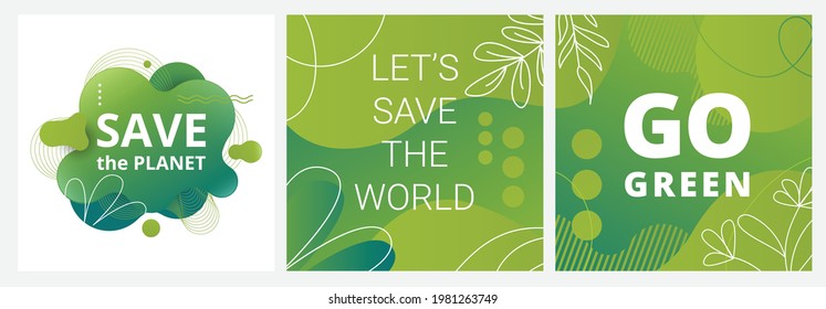 Set of Earth Day posters with green backgrounds, liquid shapes, leaves and elements. Layouts for prints, flyers, covers, banners design. Eco concepts. Vector illustration