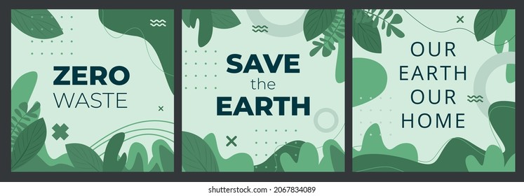 Set of Earth Day posters with green backgrounds, liquid shapes, leaves and elements. Layouts for prints, flyers, covers, banners design. Eco concepts. Vector illustration