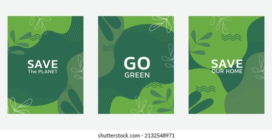 Set of Earth Day posters with green backgrounds, liquid shapes, leaves and elements