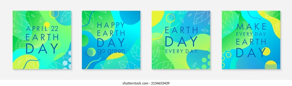 Set of Earth Day posters with green gradient backgrounds,liquid shapes,linear leaves and geometric elements.Earth Day layouts perfect for prints, flyers,covers,banners design.Eco concepts.