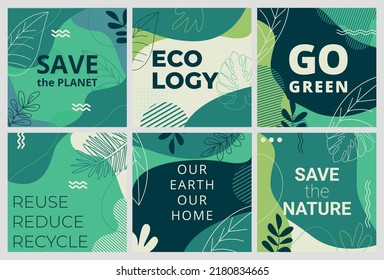 Set of Earth Day posters with green backgrounds, liquid shapes, leaves and elements. Layouts for prints, flyers, covers, banners design. Eco concepts.