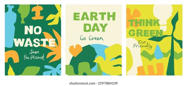 Set of Earth Day posters with green backgrounds, brutal geometric shapes, leaves and elements. Layouts for prints, flyers, covers, banners design. Eco concepts. Vector illustration