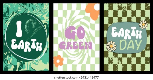 Set of earth day posters in trendy retro style, groovy 70s banner lettering, text. Vector illustration