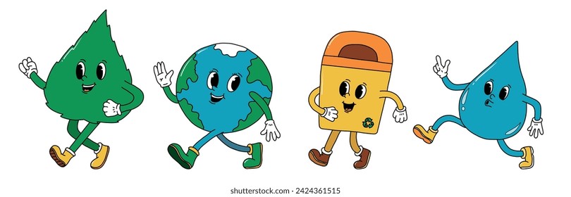 set of earth day retro cartoon elements of leaf, planet earth, recycling bin and drop of water with cute faces. Good for posters, stickers, prints, cards, banners, etc. EPS 10