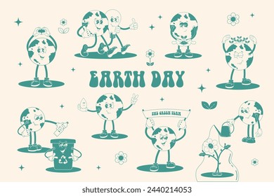 Set of Earth Day retro cartoon groovy planet Earth mascot characters. Earth Day. Save energy, environment protection, eco friendly. Monochrome palette vector illustration.