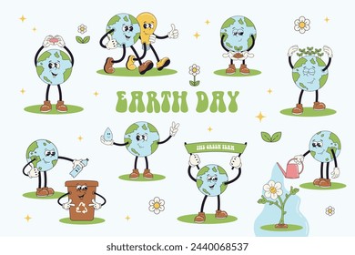 Set of Earth Day retro groovy cartoon planet Earth mascot characters and elements. Earth day.  Save planet, environment protection, eco concept. Vector illustration.