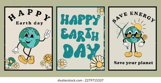 Set of earth day , save energy posters in trendy retro cartoon style, groovy 70s banner collection with alternative energy,Electrical energy, wind turbine, , lettering, text, planet mascot. Vector