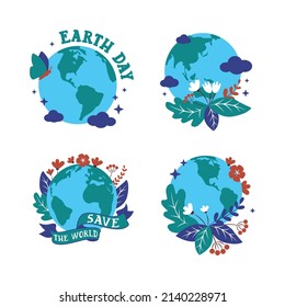 The set of Earth day stickers, logo designs, badges. The planets with flowers and lettering phrase Save the world. The collection vector illustration.