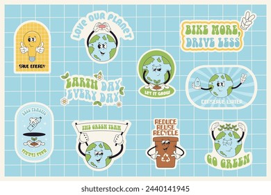 Set of Earth Day stickers in trendy retro groovy style. Funny Earth planet characters. Save the planet, eco friendly concept. Vector illustration.