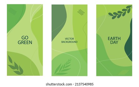 Conjunto de plantillas del Día de la Tierra con manchas verdes, hojas y elementos. Conceptos ecológicos sobre fondo verde. Ilustración vectorial. 