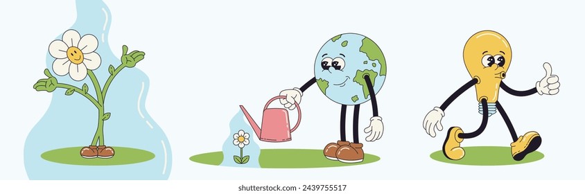 Día de la Tierra de moda retro de dibujos animados conjunto groovy. Ilustraciones vectoriales de planeta Tierra, bulbo de ahorro de energía, flor. Día Mundial del Medio Ambiente. Concepto ecológico.