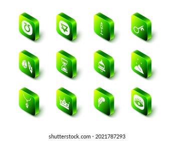 Set Earth element, Burning candle, Old key, Magic powder, Masons, Ringing alarm bell, Feather pen and King crown icon. Vector