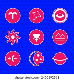 Set Earth element, Eclipse of the sun, Planet Saturn, Sagittarius zodiac, Sun, Medallion with eye and Aries icon. Vector