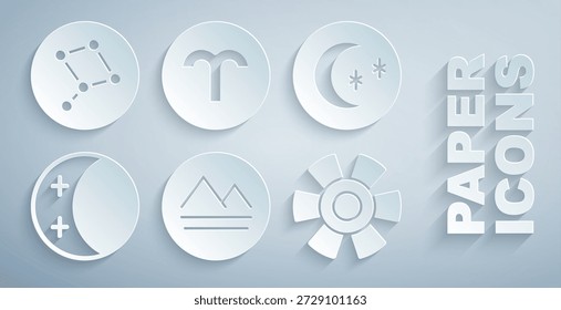 Elemento de la Tierra, Luna y estrellas, Eclipse del sol, Sol, zodiaco de Aries e icono de la constelación del Gran Oso. Vector